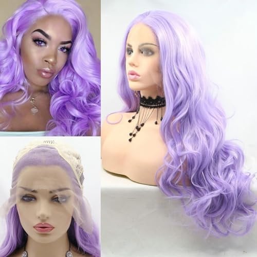 3x13 Long Wave 24 Pastel Lilac Purple Wig Ladies Party Cosplay Travel Light Purple Synthetic Lace Front Wigs for Women Daily Use Drag Queen Body Wave Purple Wigs Natural Hairline