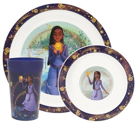 Disney Wish - Juego de platos y cuencos para niños de 3 piezas con taza