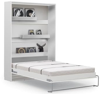 PHANTOM Vertical Murphy Bed with Desk - Folding Bed, Space-Saving Multifunctional Fold Up Bed with 120 cm Mattress, Smooth Gas Struts, Laminated Finish in White Gloss Color