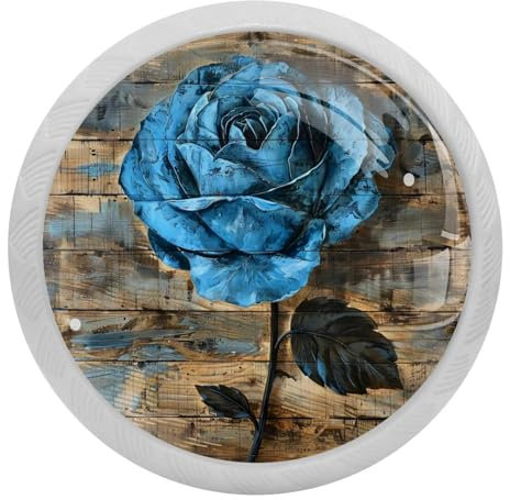 lcndlsoe Blaue Rose auf rustikalem Holz, 4 Stück, Kristallglas-Schrankknäufe, Schubladen, Küchenschränke, Kommoden, Kleiderschrank, Griffe – leuchtet im Dunkeln