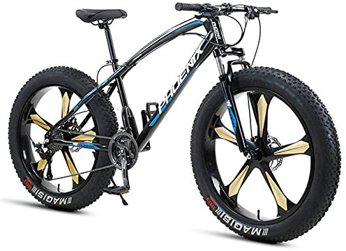 26-Zoll-Mountainbike für Jungen, Mädchen, Herren und Damen, Fatbike für Erwachsene, Strand- und Schneefahrrad aus Karbonstahl, Hardtail, Scheibenbremsen, Blau, 5 Speichen, 21 Gänge
