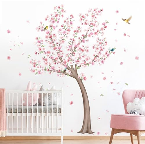Cherry Blossom Tree Wall Stickers Pink Flower Tree Wall Decals Peel and Stick Spring Floral Birds Wall Art Decor for Girls Bedroom Living Room Kitchen Sofa TV Backdrop Wall Decoration