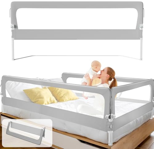 ISOISL 2er Bettgitter 200 X H68 cm Bettschutzgitter Kinderbettgitter für Kinder,Rausfallschutz Boxspringbett Klappbar Nagelfreie Montage luftiges Rausfallschutz Bett für Kleinkinder Baby,Grau