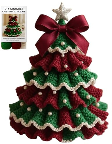 HoveeLuty Knitting Kit Christmas Tree Knitting Kit for Beginners with Bow Pearl Easy DIY Crafts for Adults Christmas Holiday Decorations, Red + Green Adult Craft Kits for Beginners Adults