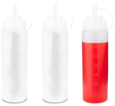 HuiJinXin 3 Pcs Squeeze Bottles with Caps, 350ml/12oz Plastic Sauce Bottles, Squeezy Condiment Sauce Bottle with Measurements, Reusable Squeeze Dispensers for Ketchup Syrup BBQ Mustard Salad Dressing