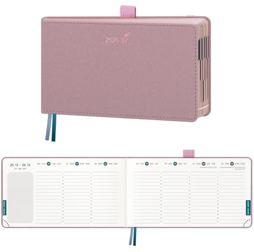 BEZEND Taschenkalender 2026 2027 Klein Querformat 16,5 x 9 cm, 18-Monate Wochenkalender Juli 26 - Dez 27, Vertikal Terminplaner mit 80 GSM Papier & Rose Gold Papierkante - Rosa