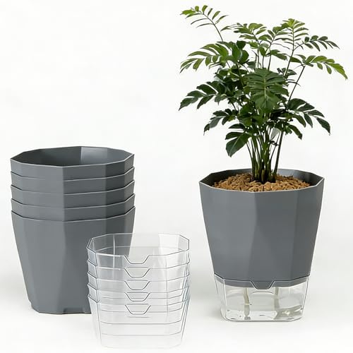 EUBSWA Blumentopf Kräutertopf mit Bewässerungssystem - 6er Set Ø 12,5 x H 13,5 cm Blumentopf, Garten Gadget, für Kräuter, Balkon, Küche & Innenbereich (Grau)