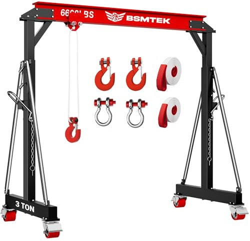 BSMTEK 3 Ton 6600LBS Gantry Crane, 2026 Upgraded Trolley, Adjustable Height (8.53-12.47 FT), Width (9.06 FT), Steel I-Beam Construction, Portable Shop Hoist for Factories, Warehouses, Auto Repair, Red