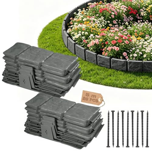 Rasenkante Kunststoff, 20 Stück Beeteinfassung Beetumrandung Kunststoff, Blumenbeet Umrandung, Beetbegrenzung, Mähkante, Gartenzaun, Flexible Rasenkanten, Steinoptik - 5 m (Höhe:10 cm)