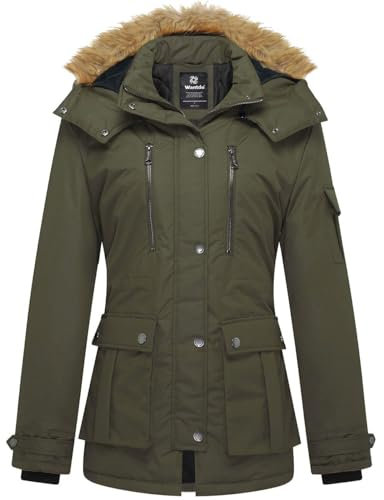 Wantdo Femme Veste Chaude à Capuche d'hiver Manteau Sherpa Epaissi Parka Coupe-Vent d'Extérieur Manteau d'Extérieur Mi-Long Décontracté Vert Militaire L