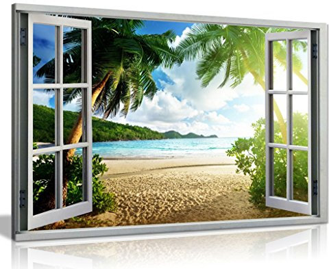 Beach Sunset View 3D Window Effect Canvas Wall Art Picture Print (18X12)