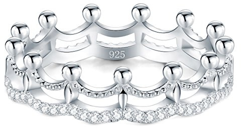 BORUO Anillo de plata de ley 925, circonita cúbica, corona de princesa, tiara de boda, anillo de eternidad, talla 4-12, 9, Plata de ley, Circonita cúbica