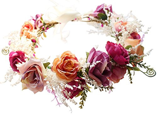 Brikuinr Floral Crown Headband Flower Garland Headband Hair Wreath Hair Garland Flower Halo Floral Headpiece Boho with Ribbon Wedding Party Festival Rosy