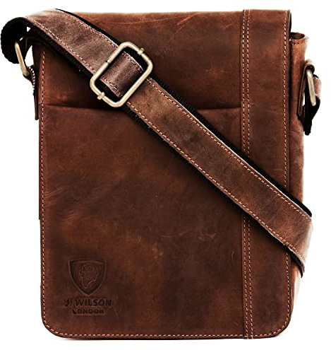 J. Wilson London 100% Pure Genuine Real Vintage Hunter Leather Handmade Mens Leather Flapover Everyday Cross Body Shoulder Work Messenger Bag (Distress Oiled Brown)