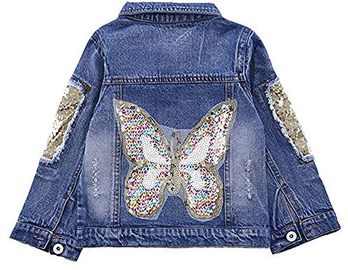 SXSHUN Mädchen Mode Jeansjacke Mit Muster Denim Jacke Übergangsjacke, Schmetterling, 134/140 (Etikettengröße:140)