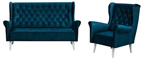 MOEBLO Polstergarnitur Ohrensofa 3 Sitzer Sessel Sofa Couch Garnitur Stoff Samt (Velour) Glamour Wohnlandschaft Chesterfield - Velo (Dunkelblau)