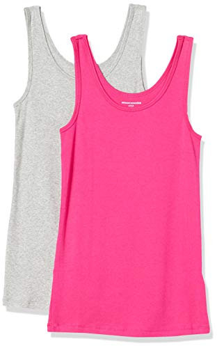 Amazon Essentials Camiseta de Tirantes de Ajuste Entallado Mujer, Pack de 2, Gris Mezcla/Rosa Brillante, L