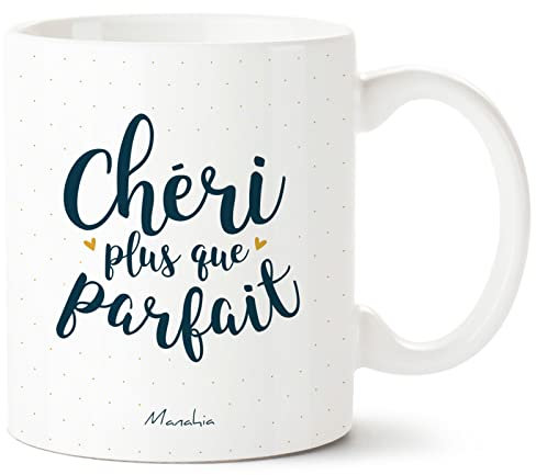 Manahia Mug Amour - Chéri plus que Parfait Avec Boite Kraft - 330 mL Céramique - Imprimé en France - Saint Valentin - Cadeau Couple - Tasse Je t'aime - Mug Noël- Cadeau Homme - Copain - Romantique
