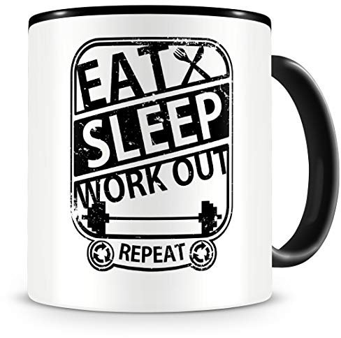 Samunshi® Fitness Tasse mit Spruch Eat Sleep Workout Repeat Geschenk Kaffeetasse groß Lustige Tassen zum Geburtstag schwarz 300ml