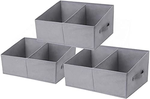 DIMJ 3 Pack Storage Boxes with Compartment, Foldable Storage Basket with Reinforced Handle, Trapezoid Fabric Wardrobe Storage Organiser Box for Clothes, Books, Toys, Closet, Shelves (Grey)