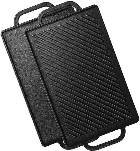 GFTIME Plancha de Hierro Fundido 33 x 21 cm para Horno, Cocina y Barbacoa, 2 en 1 Parrilla Reversible, 1 Paquete