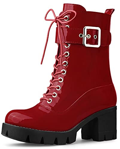 Allegra K Damen-Kampfstiefel mit Reißverschluss und Plateausohle und klobigem Absatz rot 40