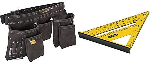 Stanley Leather Tool Belt Pouch Apron, Multi-Pockets Storage Organiser, Hammer Loop, STST1-80113 & Dual Colour Quick Square 175mm (7in)