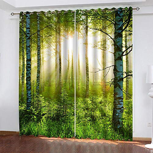 XKSJWY Gardinen Schlafzimmer Wohnzimmer Verdunkelungsvorhang 3D Sonniger Grüner Wald Muster Blickdicht Vorhänge Kinderzimmer Thermovorhang Mit Ösen 240X230Cm 2Er Set Fensterdekoration