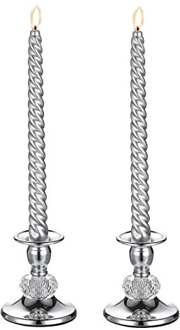 Tolida Kerzenhalter 2er Set mit facettiertem Kristall Dekor, Kerzenständer für Stabkerze, Kerzenständer für Valentinstag Weihnachten Hochzeit Kirche, Silber