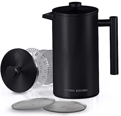 Utopia Kitchen Edelstahl French Press 1,4 l Kaffeebereiter Teebereiter Camping French Press Kaffeebereiter Cold Brew Tragbare Reise Kaffeepressen Teepresse Geschenke Schwarz