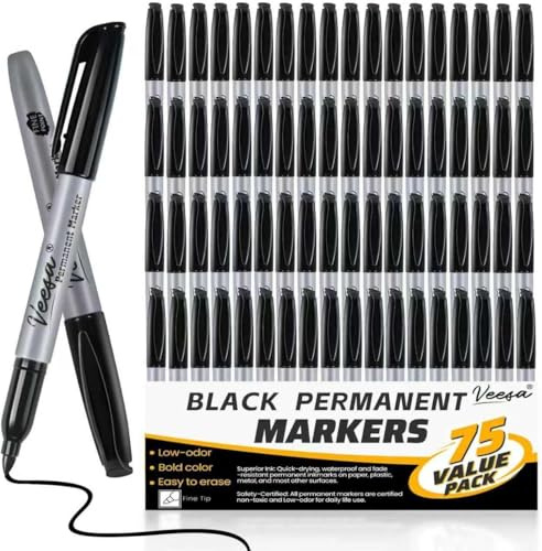 VEESA Black Permanent Markers Fine Tip, 75 Pack, German Ink