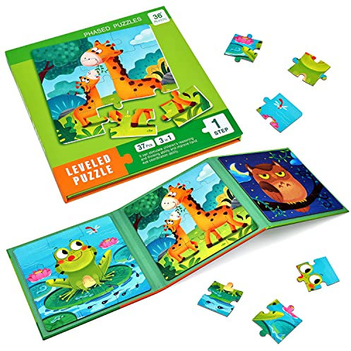 BBLIKE Magnetic Puzzles for 3 4 5 6 Year Olds, 3-in-1 Jigsaw Puzzles, 37 Piece Animal Jigsaw Puzzles Book for Toddlers, Travel Games and Travel Toys for 3 4 5 6 Year olds Boys and Girls