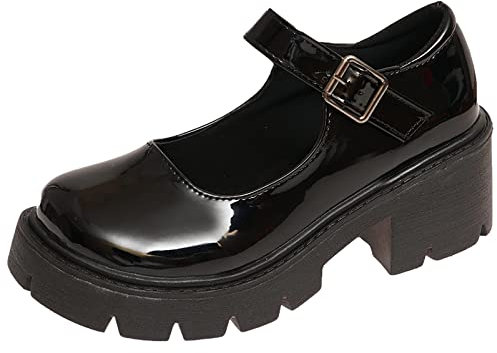 rismart Women's Platform Mary Jane Chunky Heel Round Toe Ankle Strap Lolita Shoes (Bright Black,2 UK)
