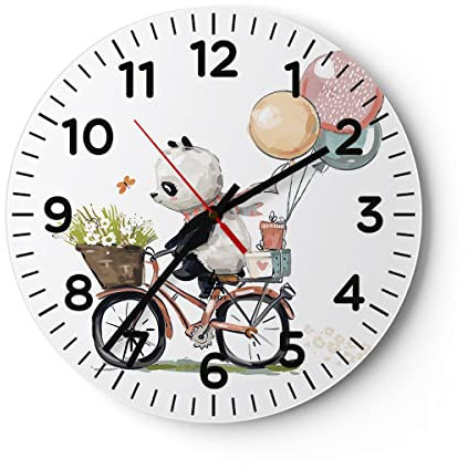 Modern Wanduhr Panda Fahrrad Kinder 30x30cm Rund Klein Wand Uhr Glas Analog Zimmeruhren Küche Büro Wohnzimmer Glasuhr Wall Clock Dekoration Design Wanddekoration Küchenuhr C4AR30x30-4707