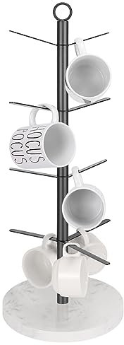 HarJue Mug Holder Tree, Coffee Cup Stand Holder, Thick Base Mug Rack for Kitchen Home Bar Cabinet, 9 Hooks (4-Tier, Matte Black)