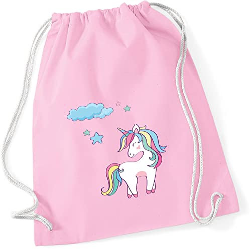 minimutz Turnbeutel Einhorn für Mädchen | Stoffbeutel Baumwolle Unicorn mit Sternen | Sportbeutel zum Zuziehen mit Kordel 37cm x 46cm (rosa)