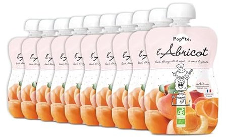 POPOTE - Purée Abricot Bio Avec Pomme 120 g - Dès 4/6 Mois - Recette 100% Fruits Sans Sucres Ajoutés - Texture Lisse Adaptée aux Bébés, Diversification alimentaire - Format Pratique - Pack 10 x 120 g