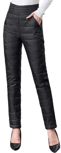HOTIAN Damen Winter Warme Gänse Daunenhose Warme Gefütterte Jogginghose Winddicht Winterhose Ultraleichte Schneehose Black L