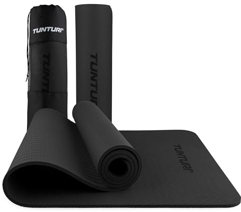Tunturi Dicke Yogamatte 8mm - Rutschfest Gymnastikmatte - Mit Tragegurt - Für Yoga und Pilates - Sportmatte 183x61x0,8cm -Schadstofffrij - Besonders komfortabel - Schwarz