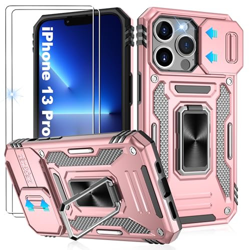 Jshru for iPhone 13 Pro Case with Screen Protector [2 Pack] and Slide Camera Cover,Military Grade Shockproof,Ring Kickstand Phone Cover for iPhone 13 Pro,Rose Gold