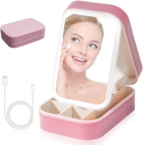 OneNine Schminkkoffer mit Spiegel und Licht-3 Farben LED Licht, Reise Kosmetiktasche mit Beleuchtung, Make up Spiegel mit Beleuchtung, Tragbare Schminktasche mit Kosmetikspiegel