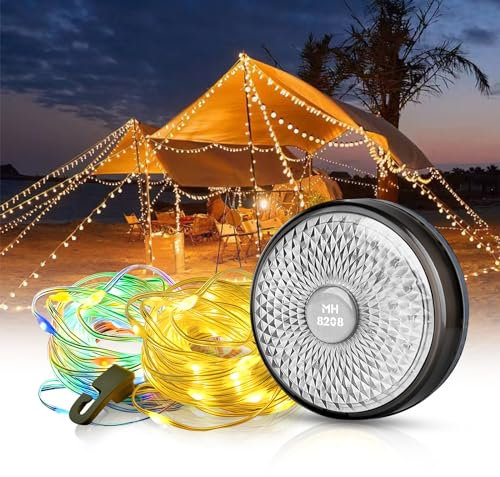 OneNine Camping Lichterkette Aufrollbar, Warmes Licht und Farbiges Licht 2 in 1, 8 Beleuchtungsmodi, USB-Ladung, 8M Wasserdichte Tragbare Verstaubare Lichterkette für Den Außenbereich