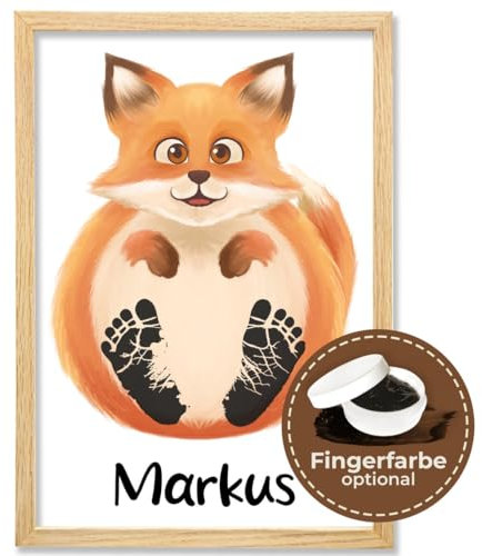 Baby Fussabdruck Set Bild mit Fuchs Motiv – Süßes Baby Geschenk & Kinderzimmer Deko – Personalisiertes Baby Abdruckset ist perfekt als Personalisierte Geschenke Baby – Rahmen & Farbe Optional
