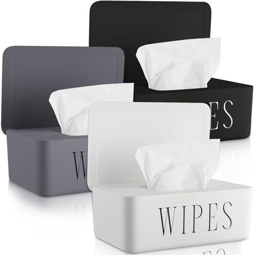 Singhoow 3 Pack Baby Wipes Dispenser Holder Wipe Container for Bathroom with Lid Toilet Tissue Paper Storage Refillable Box for Home Office Cars(Small,Black, White, Gray)