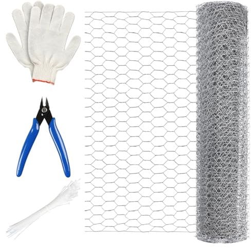 PBUSPU Malla Conejera Alambre Hexagonal,40 cm x 5m Malla de Alambre Galvanizada,1 par de Guantes 1 par de Alicates 50 Bridas,para el Bricolaje y la Decoración del Hogar,Valla para Aves de Corral