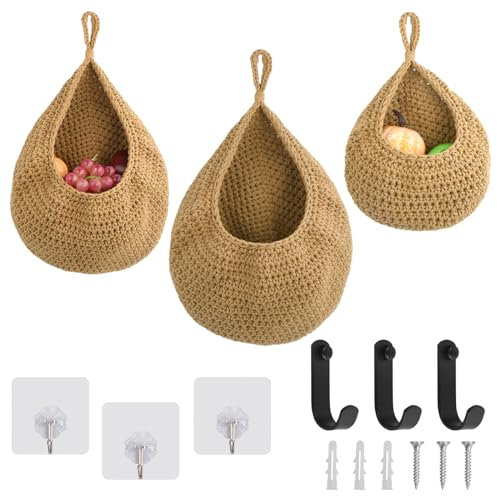 3 Pièces Panier Suspendu, Panier Mural avec Crochet, Panier Suspendu Rangement Boho pour Cuisine, Panier Suspendu Tissé à la Main pour Fruits et Légumes (S+M+L)