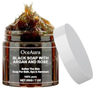 1 Stück Zawina Marokko Black Beldi Seife, Schwarze Seife mit Argan und Rose, Afrikanische Schwarze Seife, Peeling-Seife, Natürliche Inhaltsstoffe zur Beruhigung und Pflege Der Haut