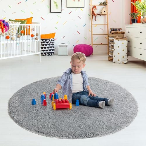 JingZhouYang Rund Teppiche Gegend 120x120CM, Nette Dicke weiche Kreis Teppich, Shag Flauschige Plüsch Teppiche Dekor für Kinderzimmer, Schlafzimmer, Wohnzimmer, Badezimmer (Grau)