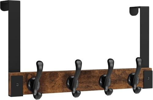 Homode Over The Door Hooks Heavy Duty, Wood Over Door Hanger with Coat Hooks for Hanging Towels Clothes Hats Bags, Rustic Brown Black