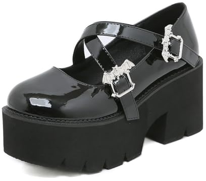 smlekwc Donna Punta Tonda Plateau Scarpe Punk Tacco Grosso Scarpe Mary Jane con Ala di Pipistrello Cinturino alla Caviglia in Vernice Scarpe da Ballo per Feste,Nero,38 EU